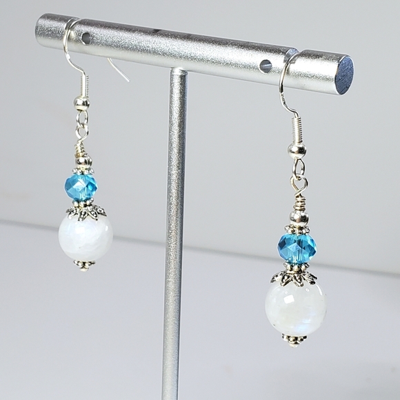 Moonstone and Aqua Crystal Drop Earrings - Picture 2 of 8